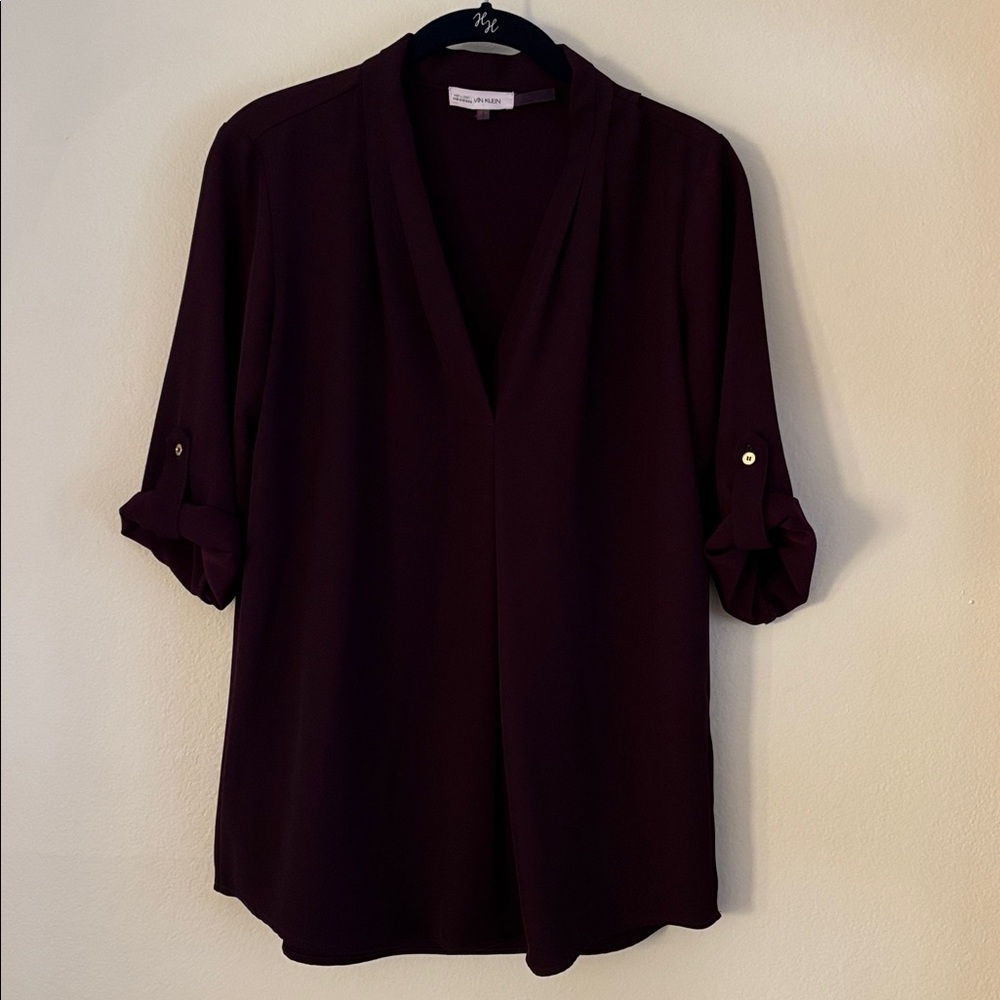 Calvin Klein Blouse, Roll up/Button sleeve, purple/eggplant color